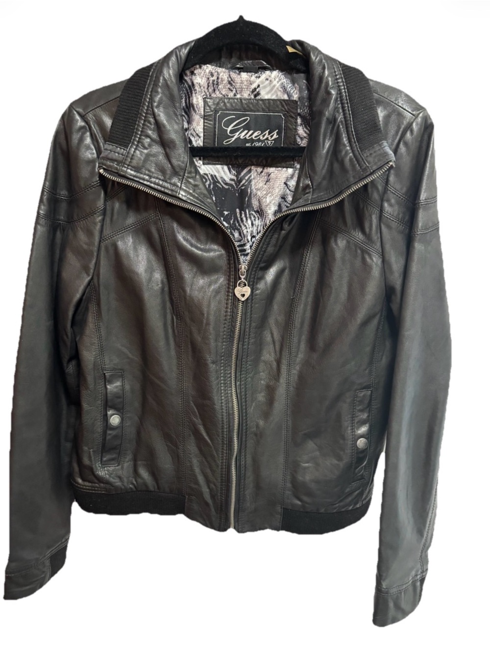 Guess vintage Black Leather Bomber Jacket with Ribbed Trim